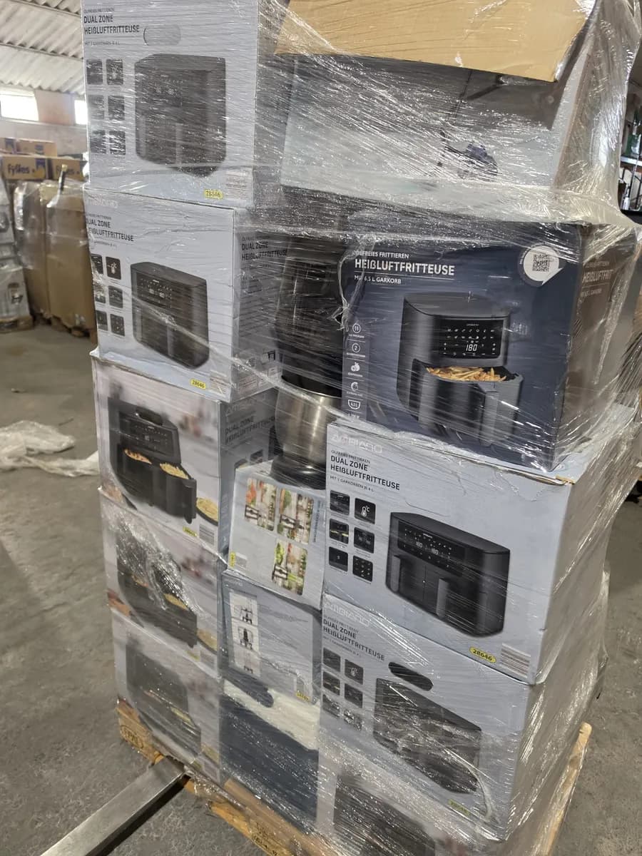 Palette de friteuses sans huile Ambiano Dual Zone et 6,5 l dans leurs cartons d’origine